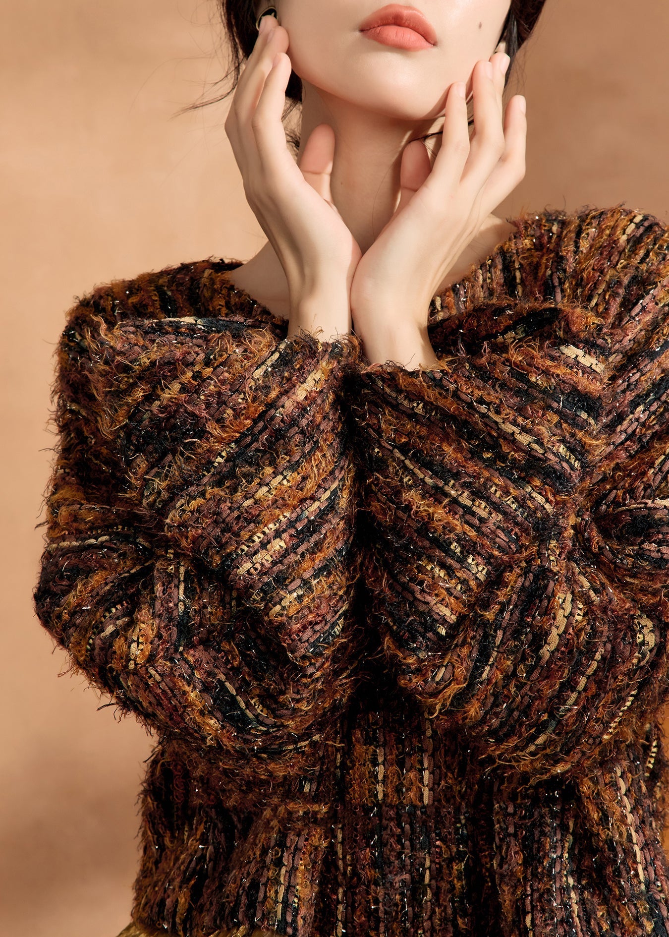 Brown Knit Sweaters and Silk Skirts Two Pieces Set Spring