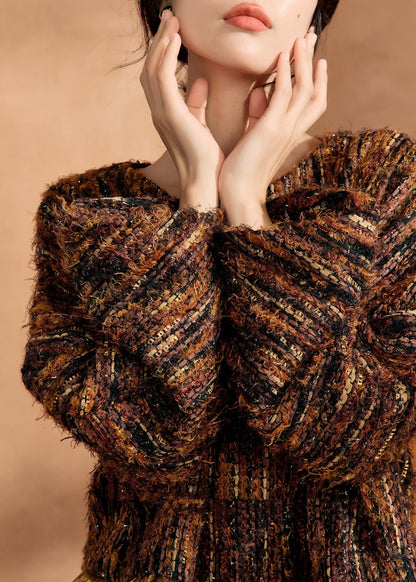 Brown Knit Sweaters and Silk Skirts Two Pieces Set Spring