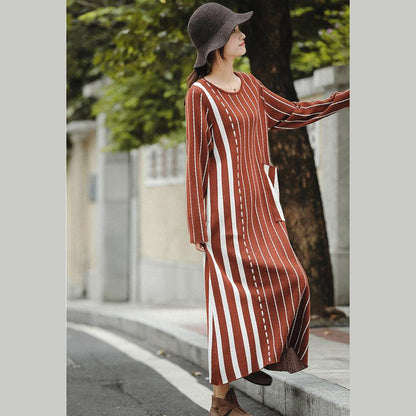 Brown Striped Baggy Maxi Sweater Dresses for