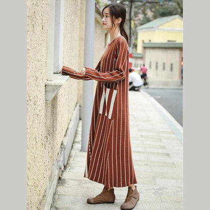 Brown Striped Baggy Maxi Sweater Dresses for