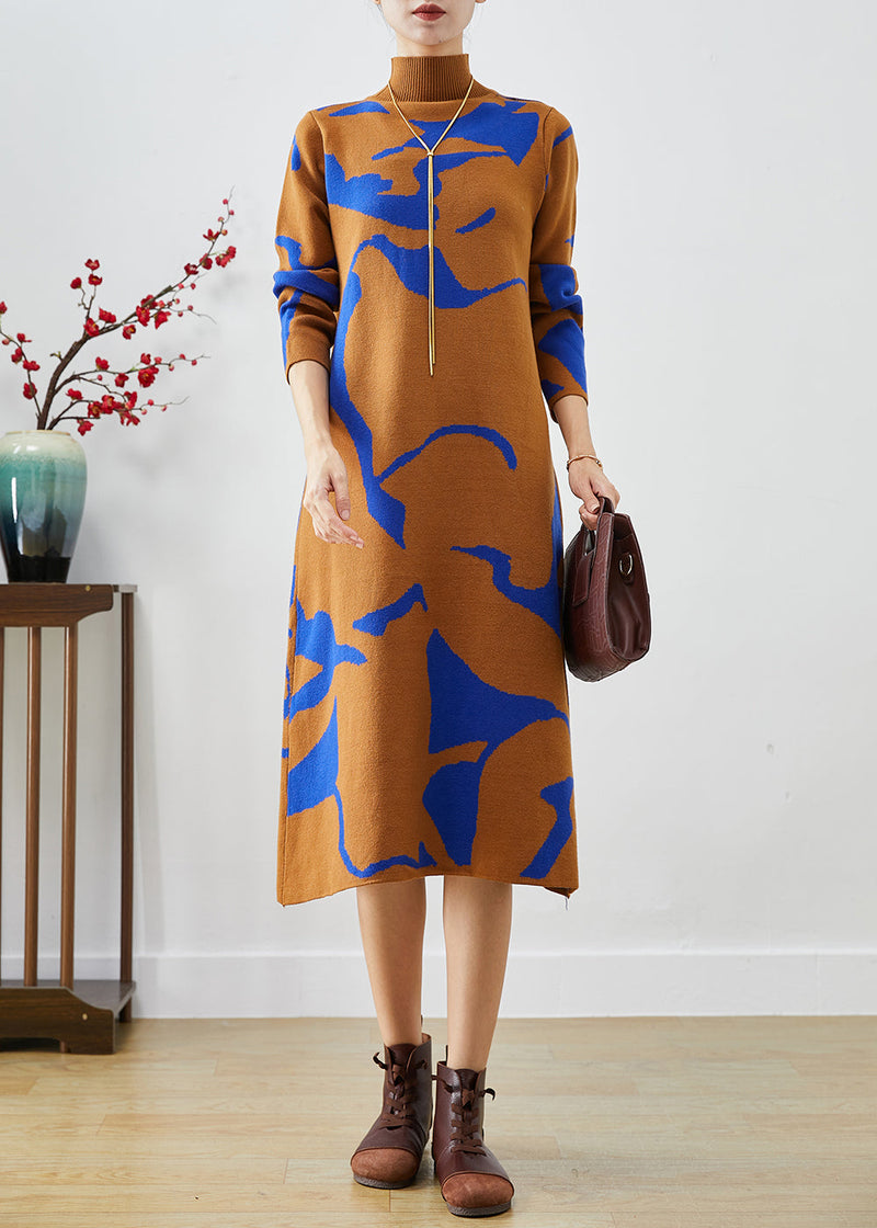 Camel High Neck Print Knit Dress Fall