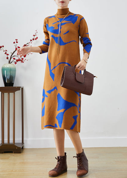 Camel High Neck Print Knit Dress Fall