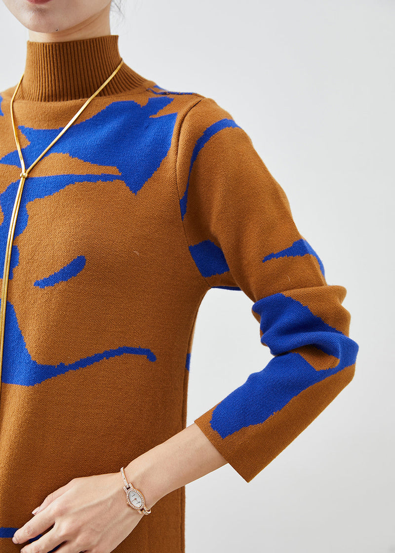 Camel High Neck Print Knit Dress Fall