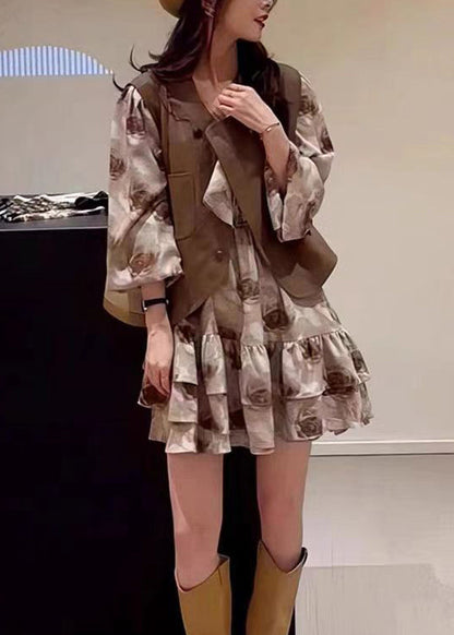 Coffee Button Patchwork Waistcoat and Dress Two Pieces Set Spring