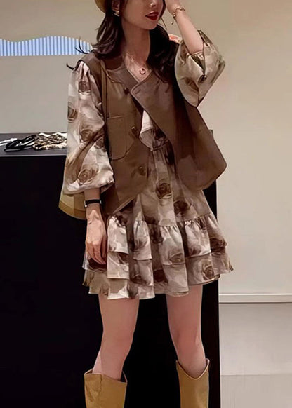 Coffee Button Patchwork Waistcoat and Dress Two Pieces Set Spring