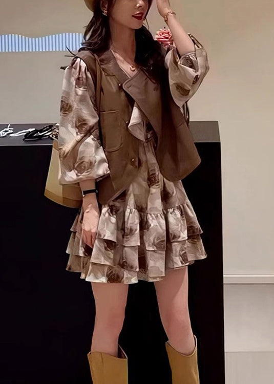 Coffee Button Patchwork Waistcoat and Dress Two Pieces Set Spring