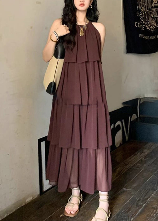 Coffee O Neck Layered Wrinkled Patchwork Chiffon Dresses Sleeveless