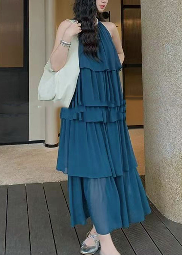Coffee O Neck Layered Wrinkled Patchwork Chiffon Dresses Sleeveless