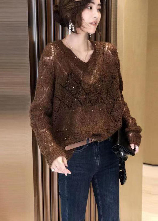 Coffee V Neck Hollow Out Cozy Ma Hai Mao Cotton Knit Tops Fall