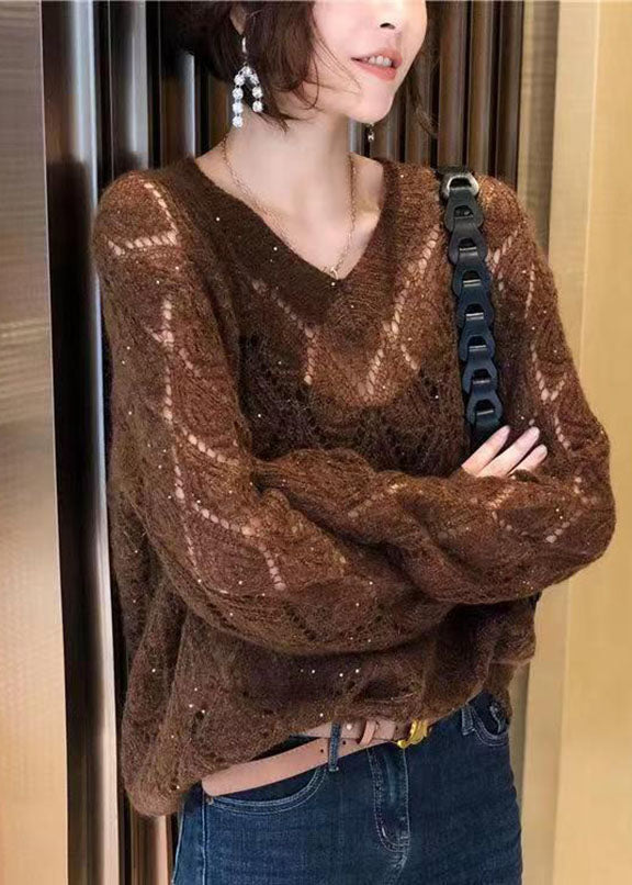 Coffee V Neck Hollow Out Cozy Ma Hai Mao Cotton Knit Tops Fall