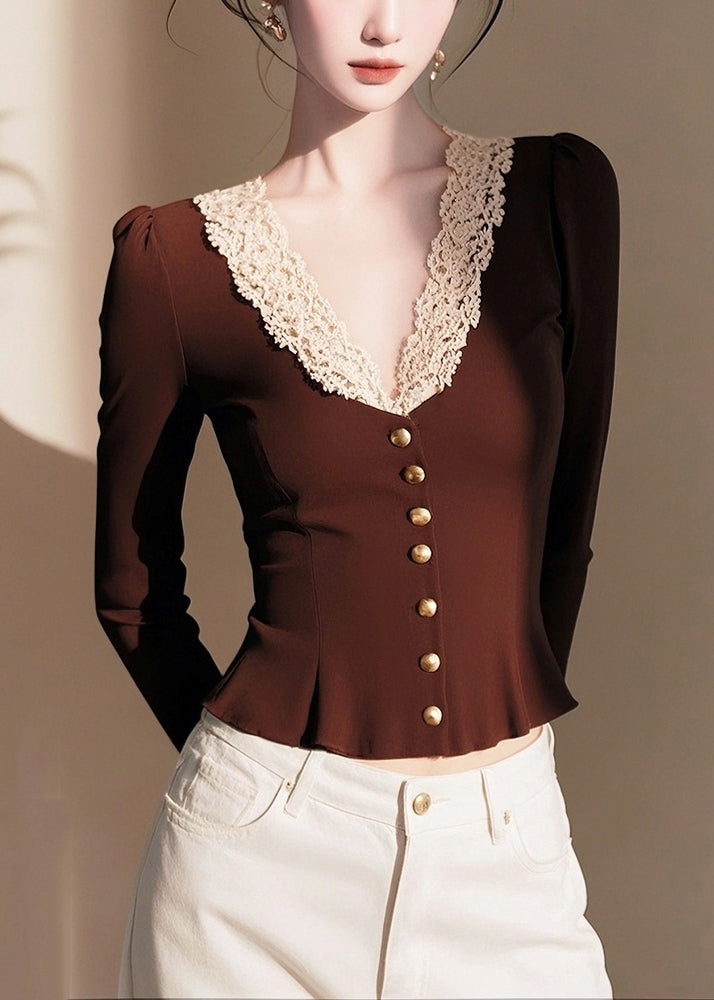 Coffee V Neck Lace Patchwork Cotton Knit Sweater Spring
