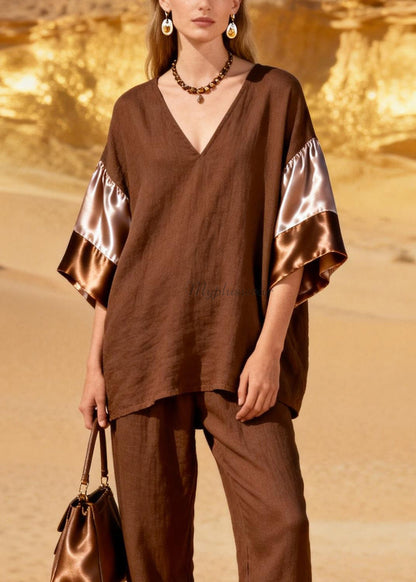 Coffee V Neck Patchwork Linen Silk Two Piece Set Spring