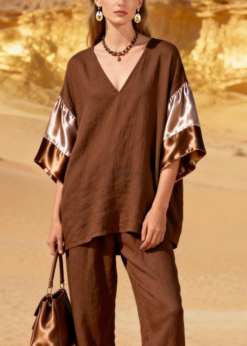 Coffee V Neck Patchwork Linen Silk Two Piece Set Spring