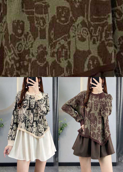 Chocolate Asymmetrical Design Patchwork Print Fall Knit Sweaters
