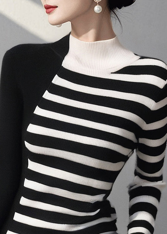Colorblock Hign Neck Striped Knit Sweaters Spring