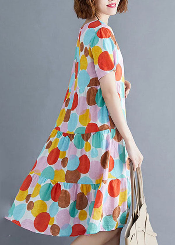 Colorblock O-neck Dot Print Cotton Pleated Dresses Short Sleeve