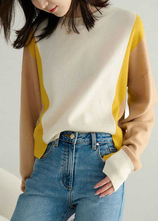 Colorblock O-neck Patchwork Side Open Cashmere Sweater Spring