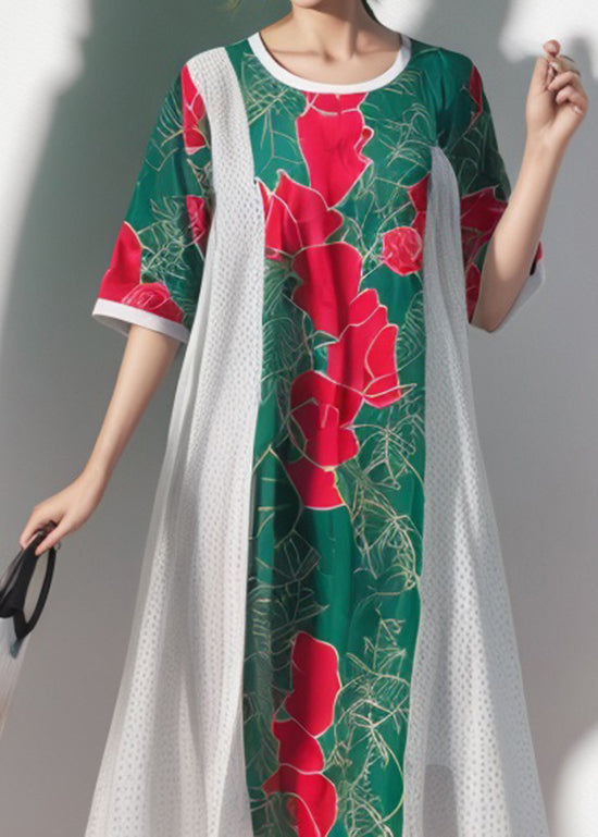 Colorblock O Neck Print Silk Dress Summer