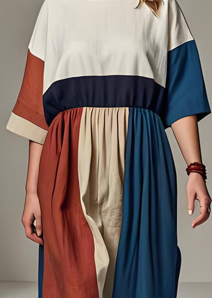 Colorblock O Neck Wrinkled Patchwork Linen Dresses Summer