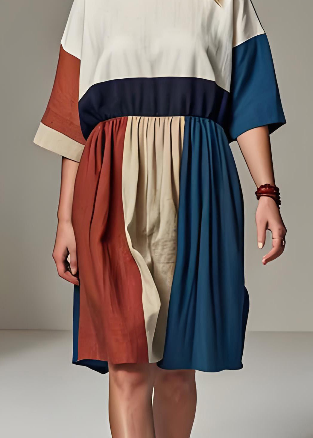 Colorblock O Neck Wrinkled Patchwork Linen Dresses Summer