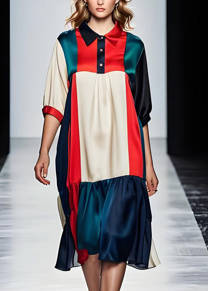 Colorblock Peter Pan Collar Patchwork Silk Dresses Summer