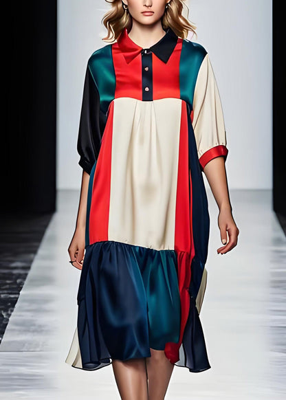 Colorblock Peter Pan Collar Patchwork Silk Dresses Summer