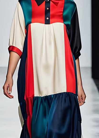 Colorblock Peter Pan Collar Patchwork Silk Dresses Summer