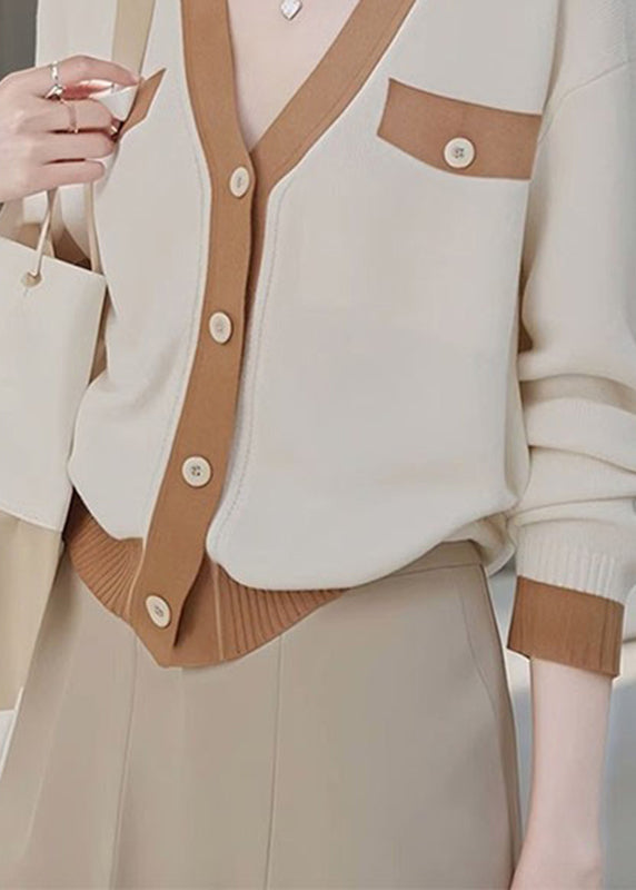 Colorblock V Neck Patchwork Button Cotton Knit Cardigans Fall
