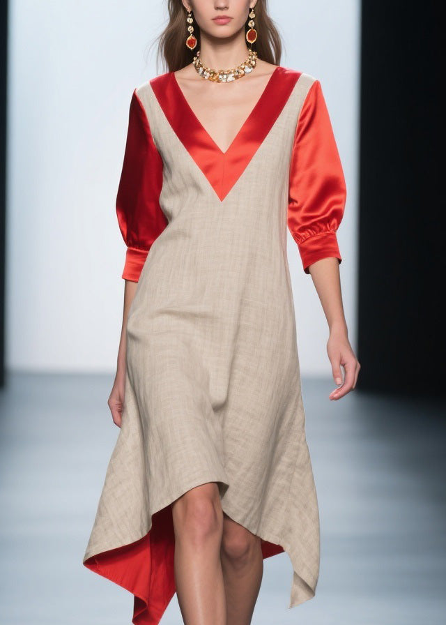 Colorblock V Neck Patchwork Linen Silk Dresses Summer