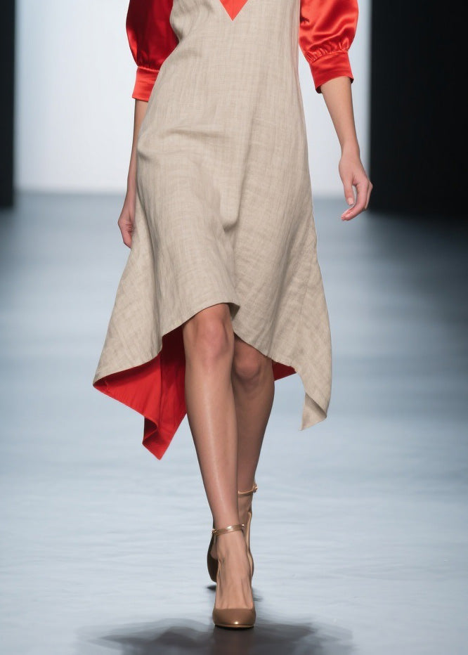 Colorblock V Neck Patchwork Linen Silk Dresses Summer