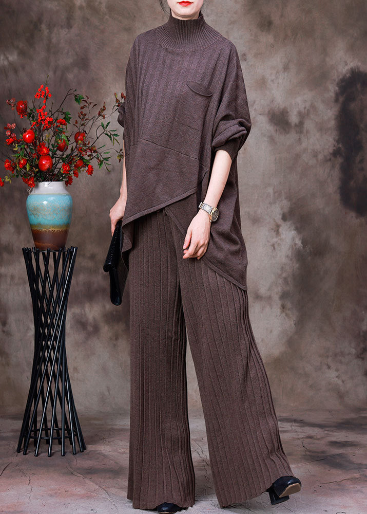 Dark Chocolate Colour Asymmetrical Knit Sweaters and Pants Two Piece Set Fall