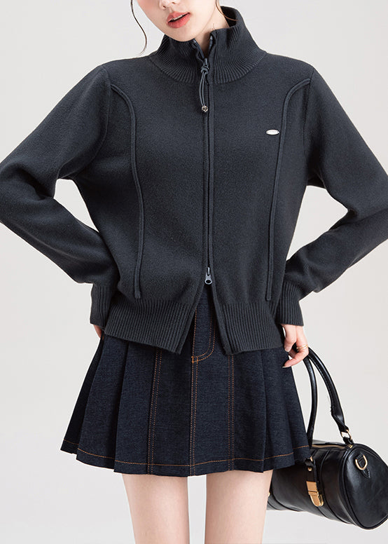 Dark Grey Zip Up High Neck Knit Sweaters Coat Spring