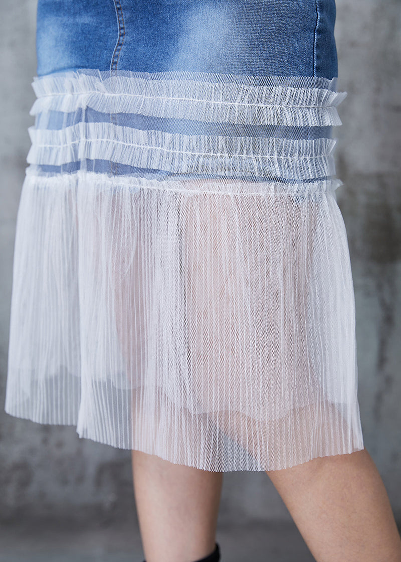 Denim Blue Ruffled Patchwork Tulle Skirt Summer