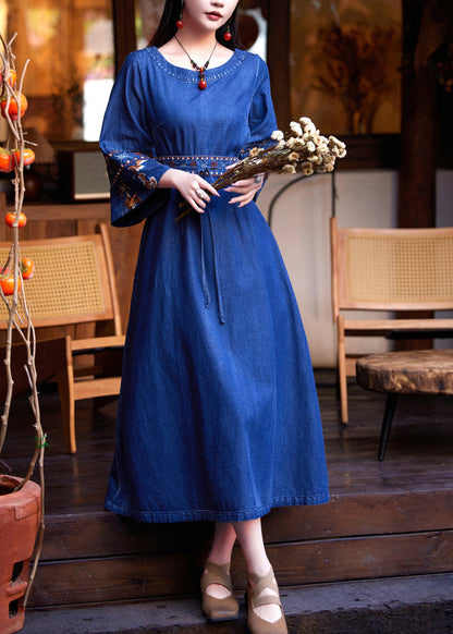 Denim Navy Patchwork Tie Waist Maxi Dress Flare Sleeve