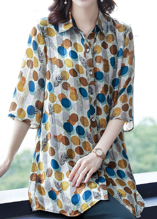 Dot Print Peter Pan Collar Button Silk Shirt Top Summer