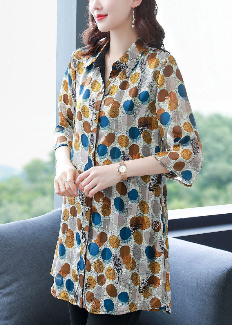 Dot Print Peter Pan Collar Button Silk Shirt Top Summer