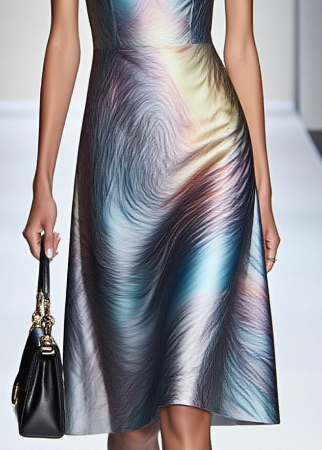 Gradient Blue V Neck Silm Fit Silk Tea Dress Sleeveless
