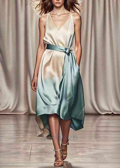 Gradient Color Tie Waist Draping Silk Maxi Dresses Summer