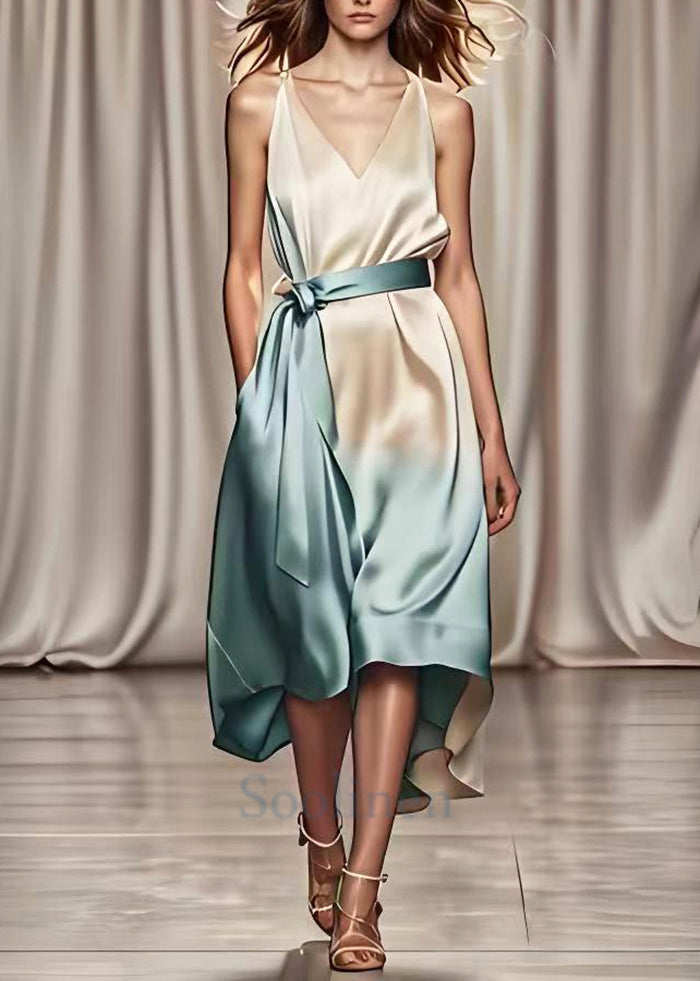 Gradient Color Tie Waist Draping Silk Maxi Dresses Summer
