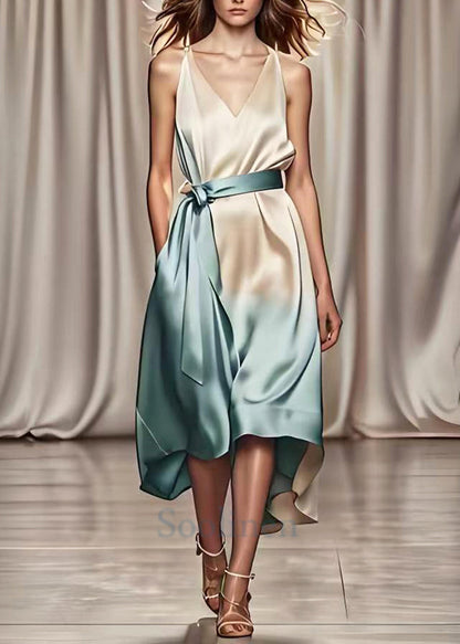 Gradient Color Tie Waist Draping Silk Maxi Dresses Summer