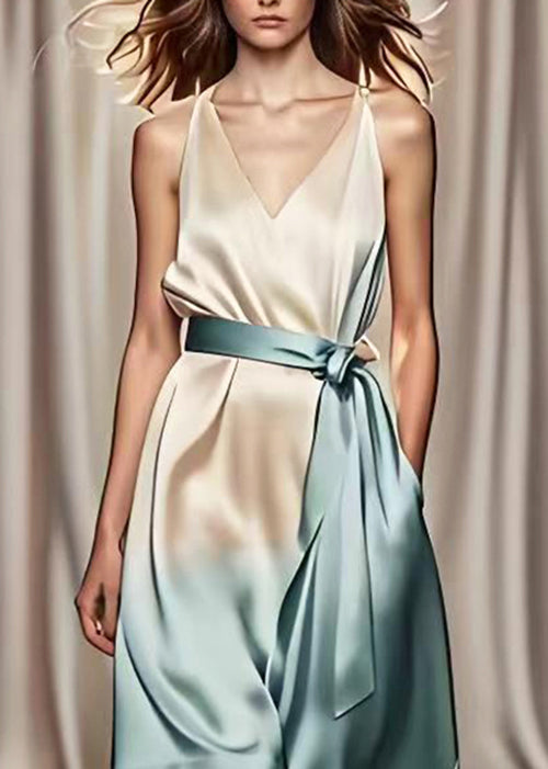 Gradient Color Tie Waist Draping Silk Maxi Dresses Summer