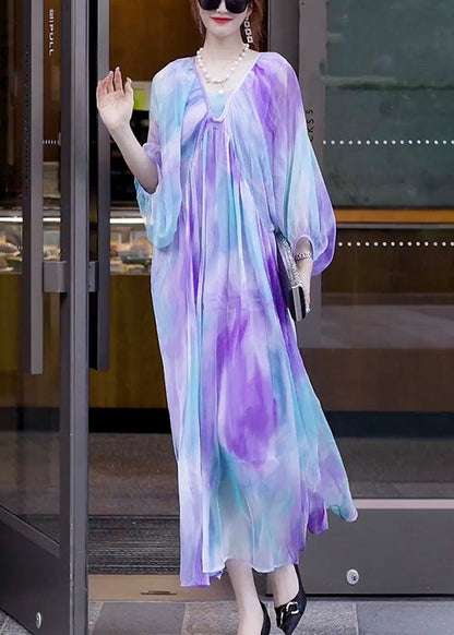 Gradient Color V Neck Print Wrinkled Chiffon Dress Long Sleeve
