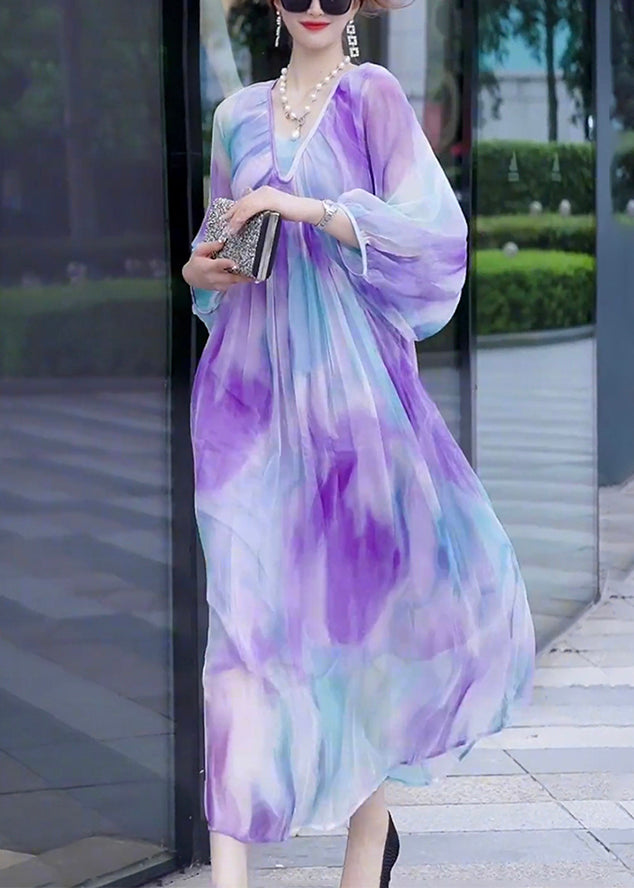 Gradient Color V Neck Print Wrinkled Chiffon Dress Long Sleeve