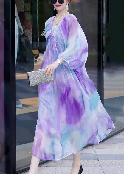 Gradient Color V Neck Print Wrinkled Chiffon Dress Long Sleeve