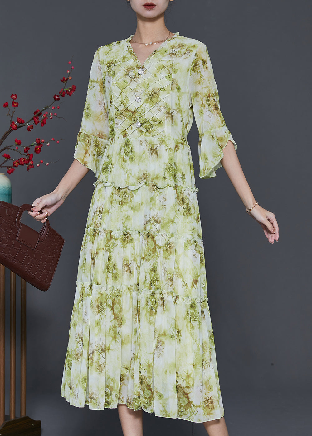 Grass Green Ruffled Tie Dye Chiffon Dresses Summer