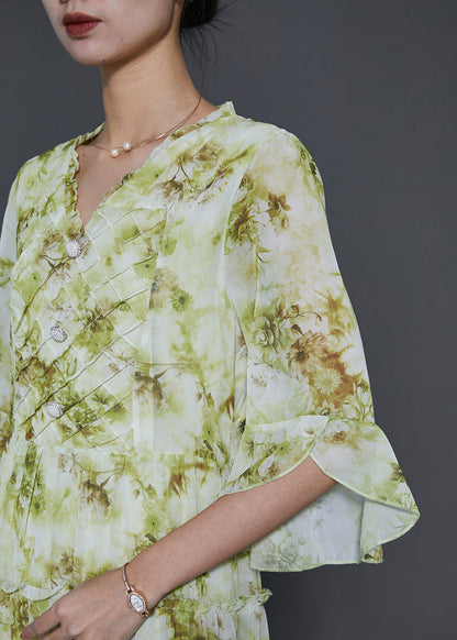 Grass Green Ruffled Tie Dye Chiffon Dresses Summer