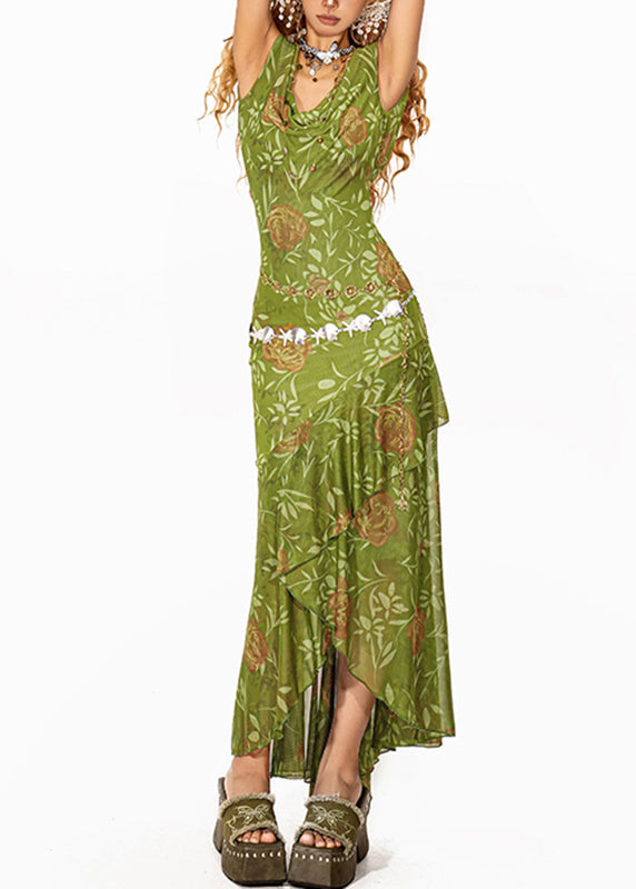 Green Asymmetrical Tulle Maxi Spaghetti Strap Fishtail Dress Summer