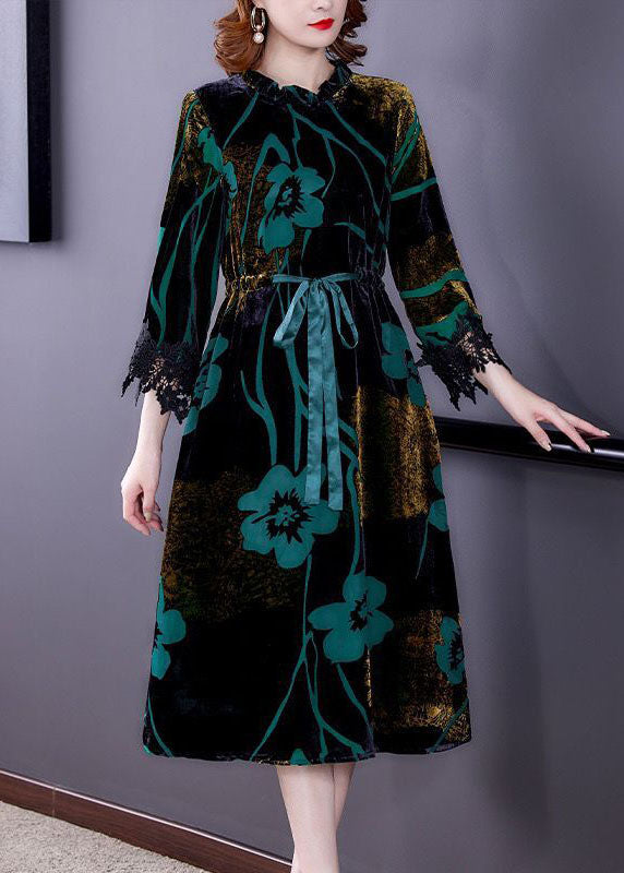 Green Cinched Jacquard Silk Velour Long Dress Spring