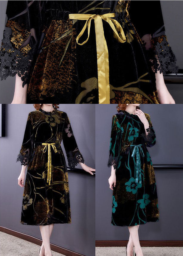 Green Cinched Jacquard Silk Velour Long Dress Spring