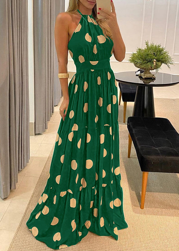 Green Dot Print Halter Backless Maxi Dress Sleeveless
